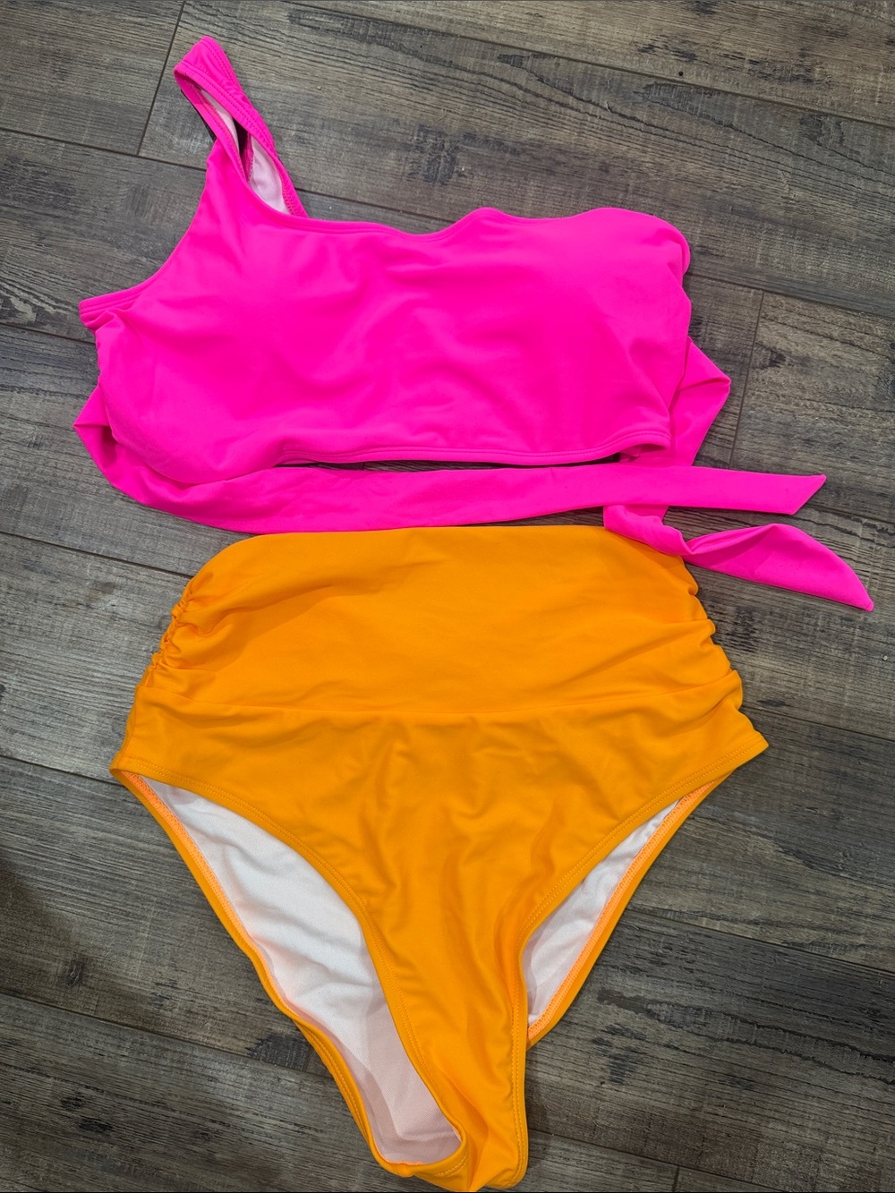 Pink Queen One-Shoulder Neon Pink Top & High Waisted Orange Bottom
